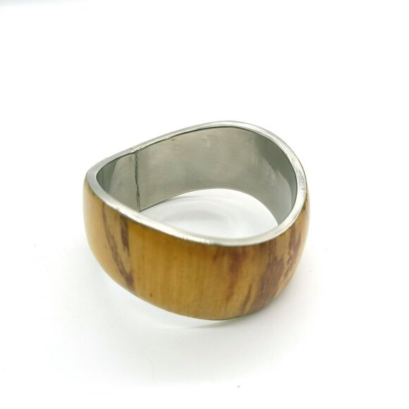 Stainless Steel & Wood Grain Inlay Banana Bark Cuff Bracelet - Picture 11 of 16